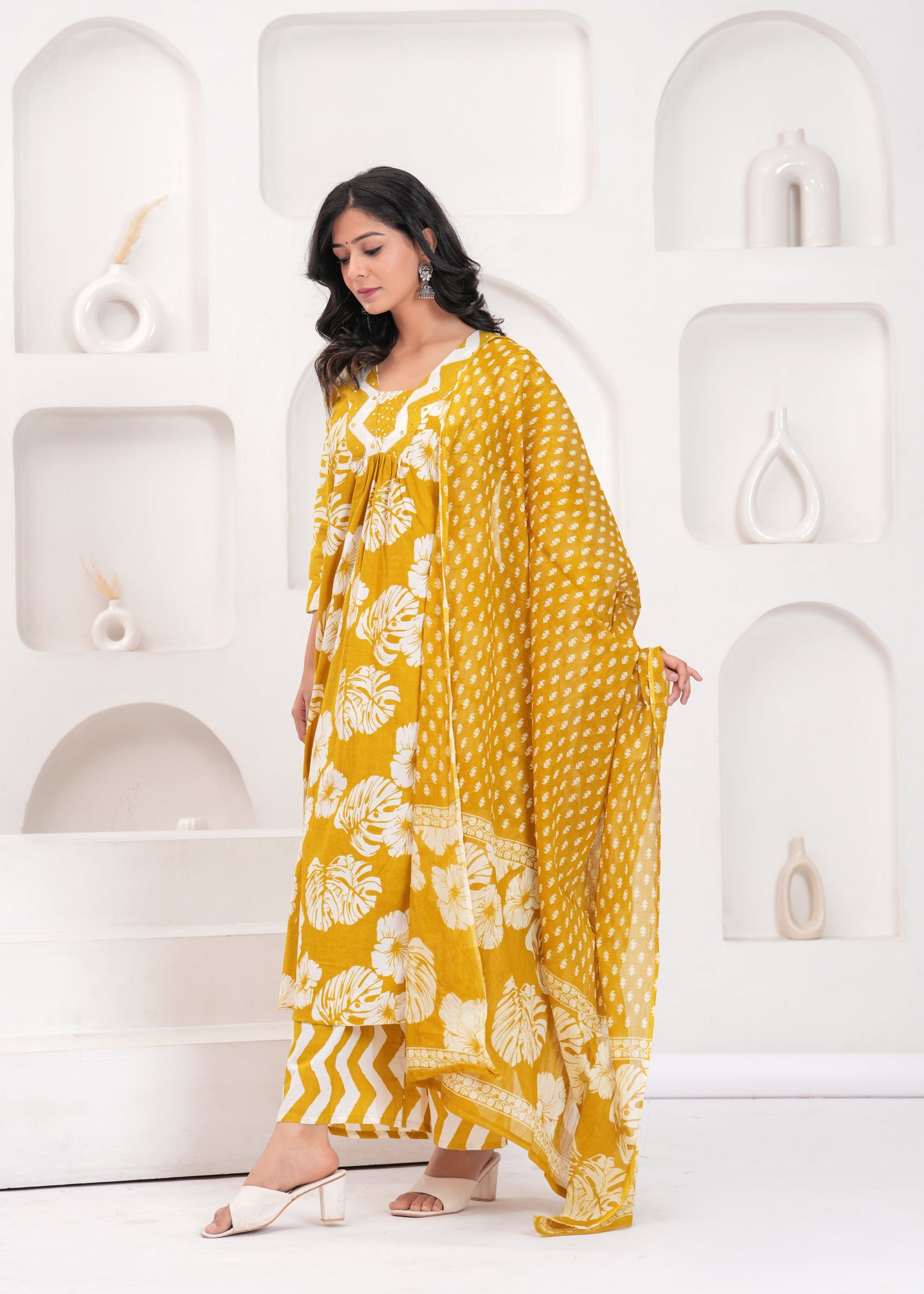 PoshArt Printed Cotton Kurta Pant Duptta Set.