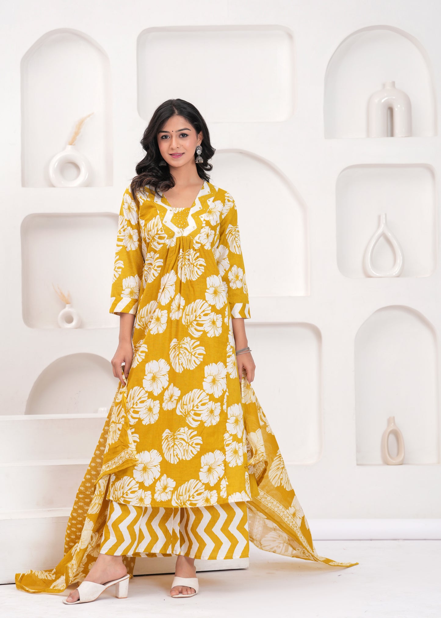 PoshArt Printed Cotton Kurta Pant Duptta Set.