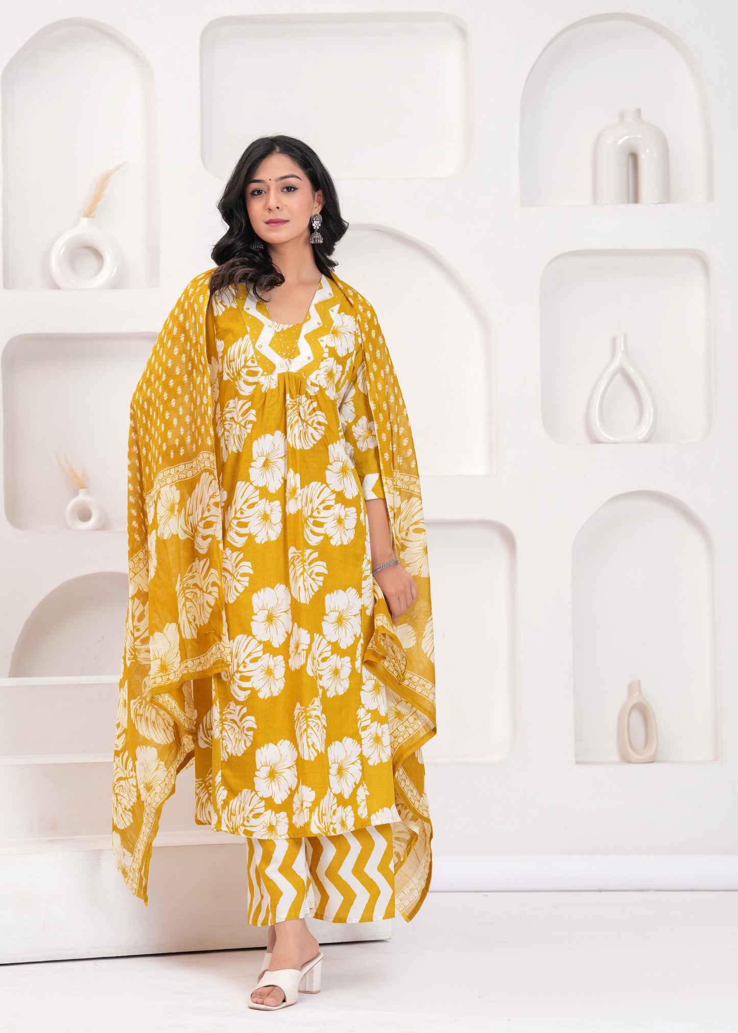 PoshArt Printed Cotton Kurta Pant Duptta Set.