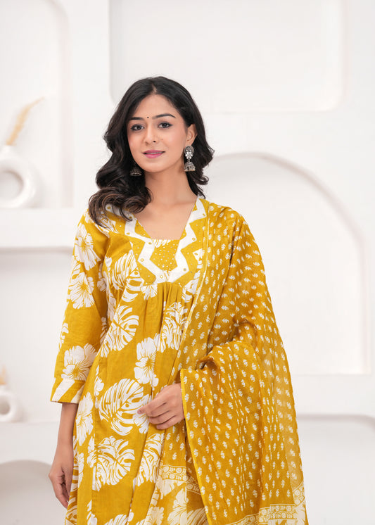 PoshArt Printed Cotton Kurta Pant Duptta Set.