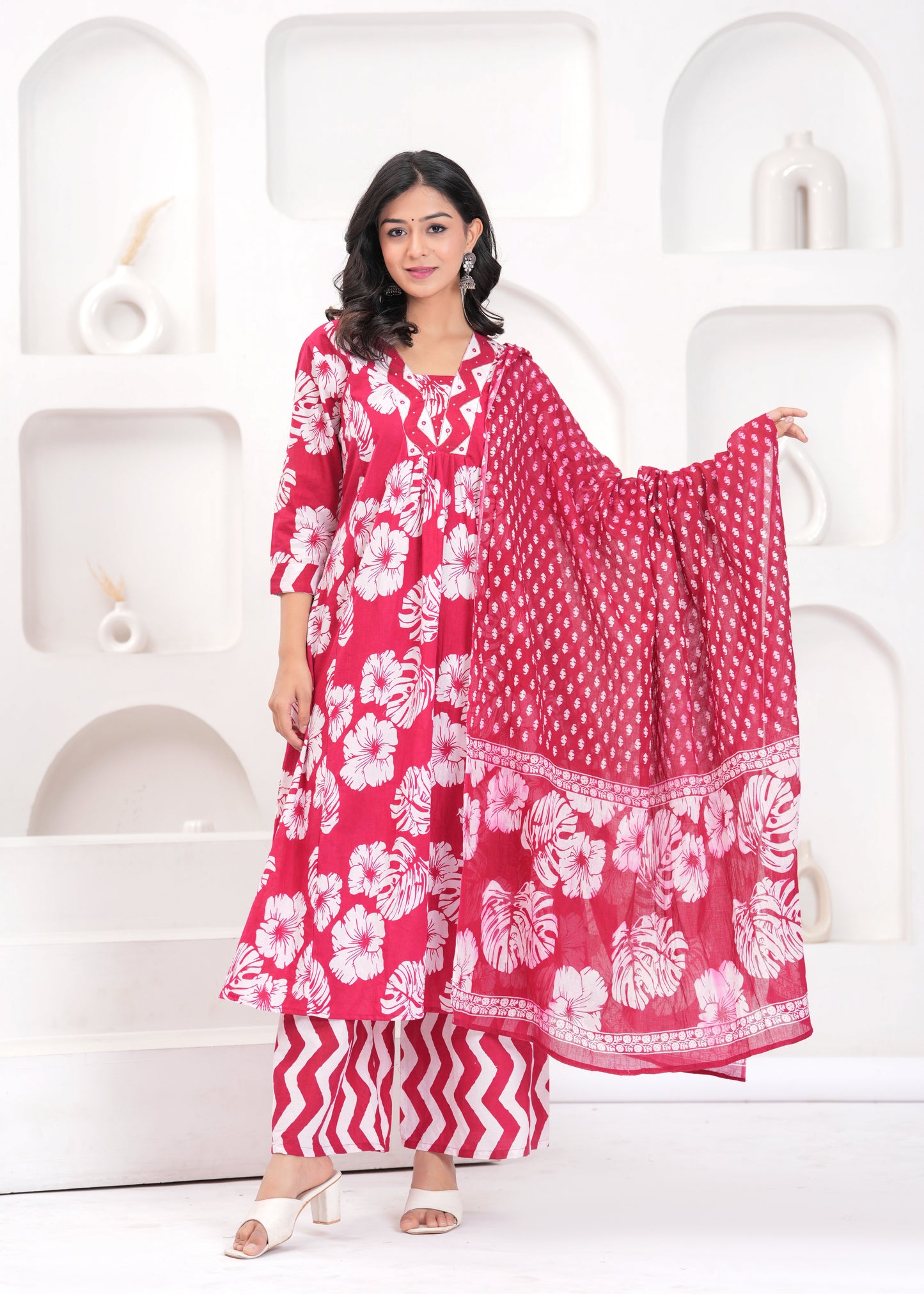 PoshArt Printed Cotton Kurta Pant Duptta Set.