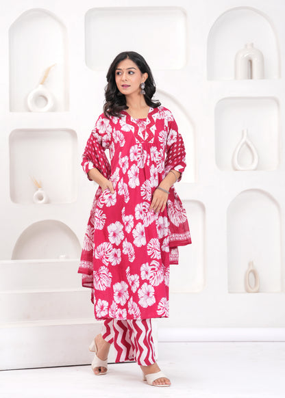 PoshArt Printed Cotton Kurta Pant Duptta Set.