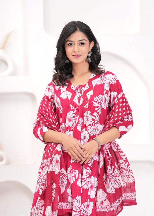 PoshArt Printed Cotton Kurta Pant Duptta Set.