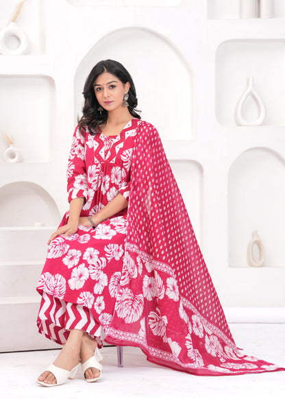 PoshArt Printed Cotton Kurta Pant Duptta Set.