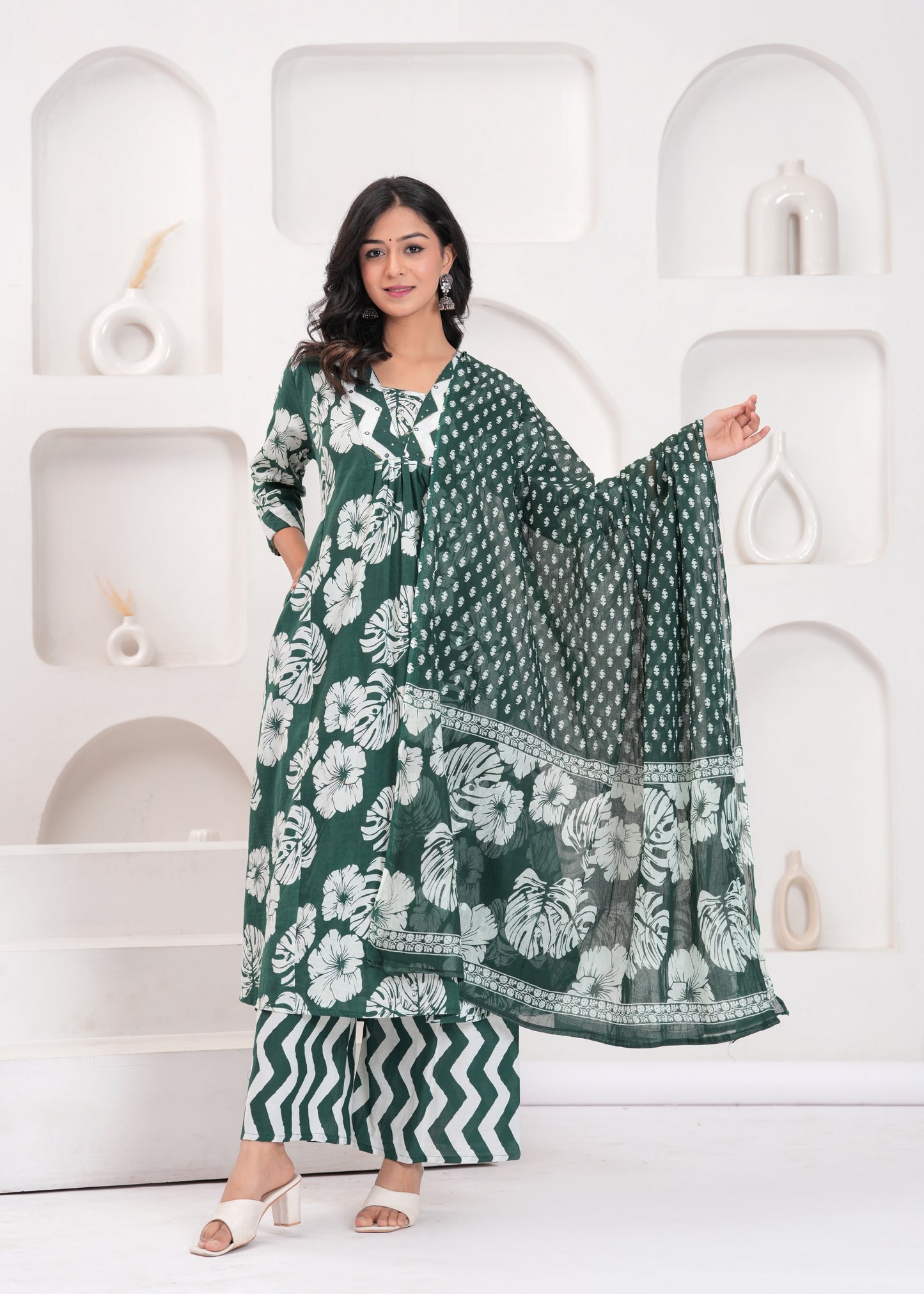 PoshArt Printed Cotton Kurta Pant Duptta set.