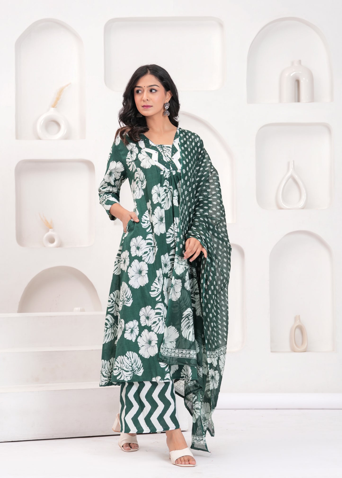 PoshArt Printed Cotton Kurta Pant Duptta set.