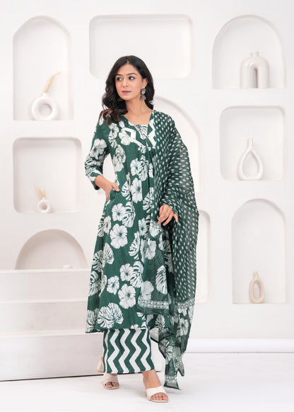 PoshArt Printed Cotton Kurta Pant Duptta set.