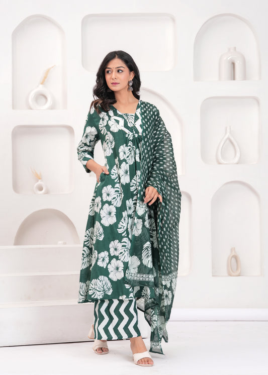 PoshArt Printed Cotton Kurta Pant Duptta set.