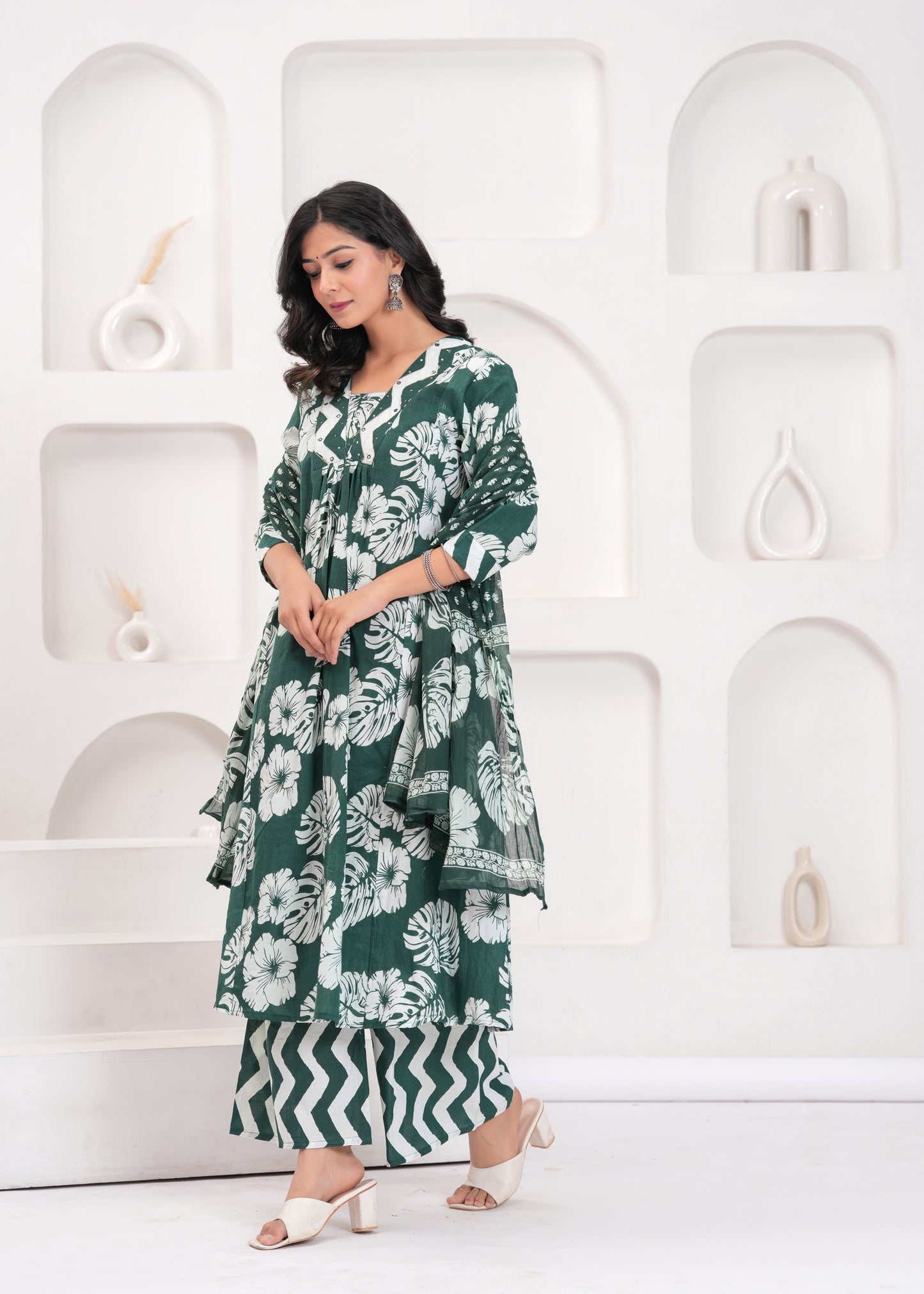 PoshArt Printed Cotton Kurta Pant Duptta set.