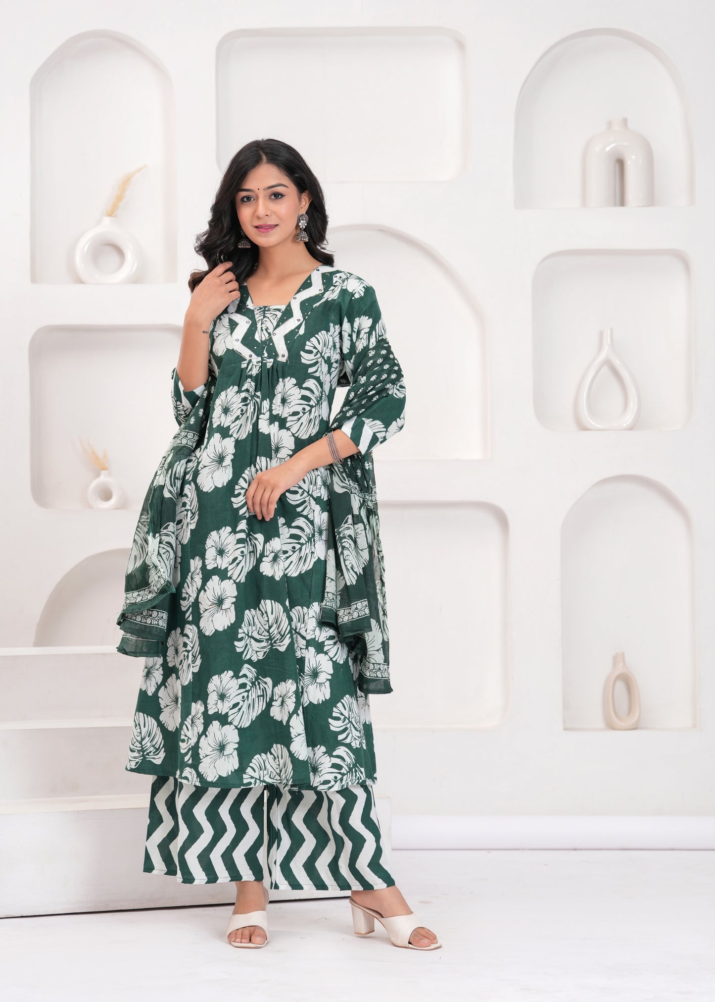 PoshArt Printed Cotton Kurta Pant Duptta set.
