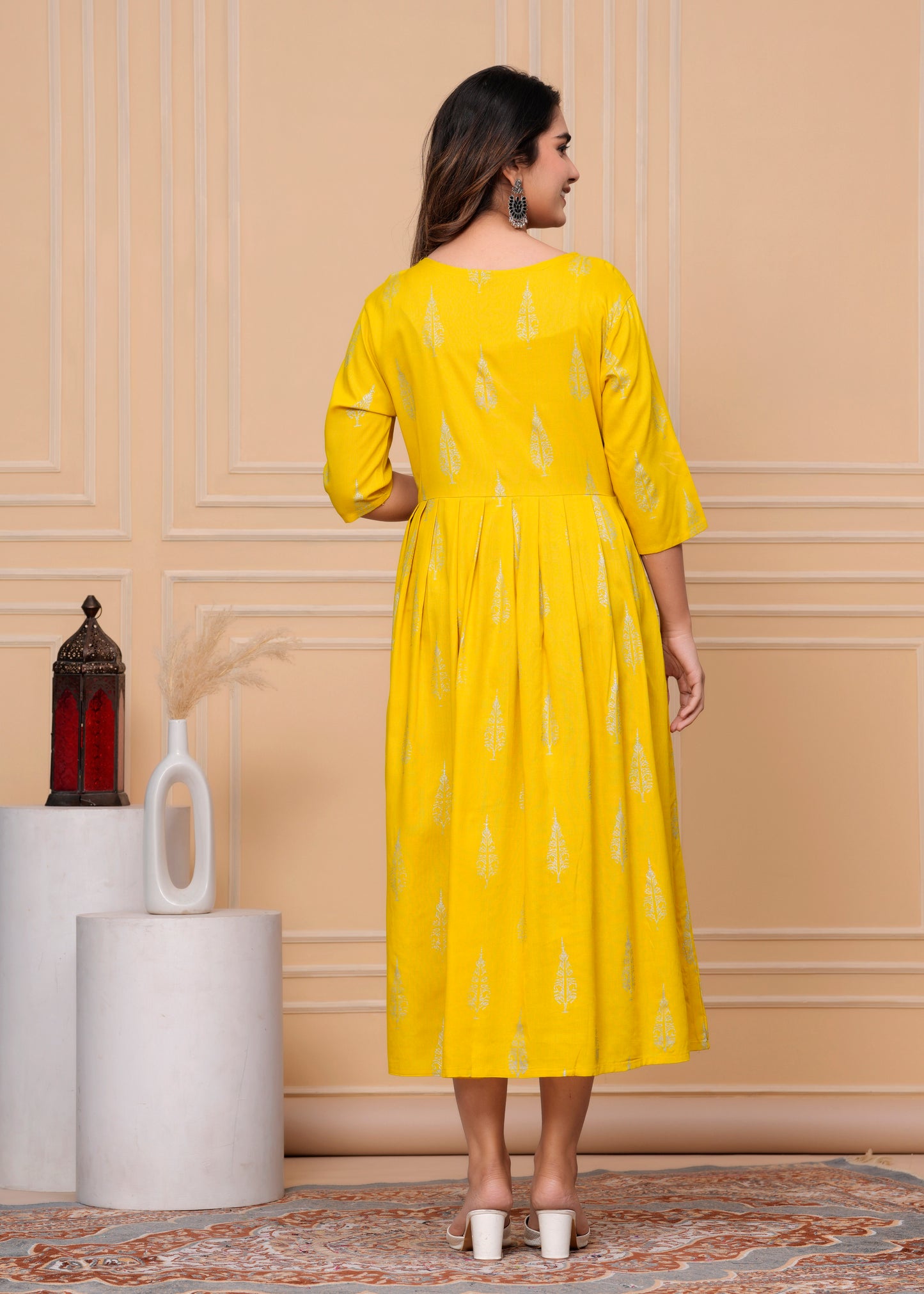 PoshArt Yellow Rayon Single Printed Dress