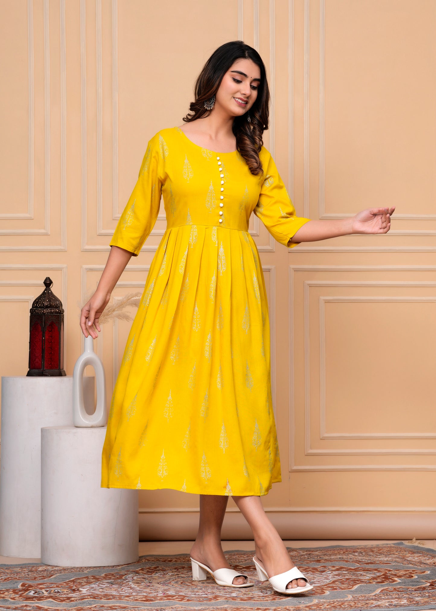 PoshArt Yellow Rayon Single Printed Dress