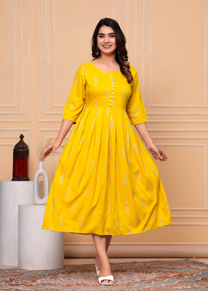 PoshArt Yellow Rayon Single Printed Dress