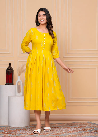 PoshArt Yellow Rayon Single Printed Dress