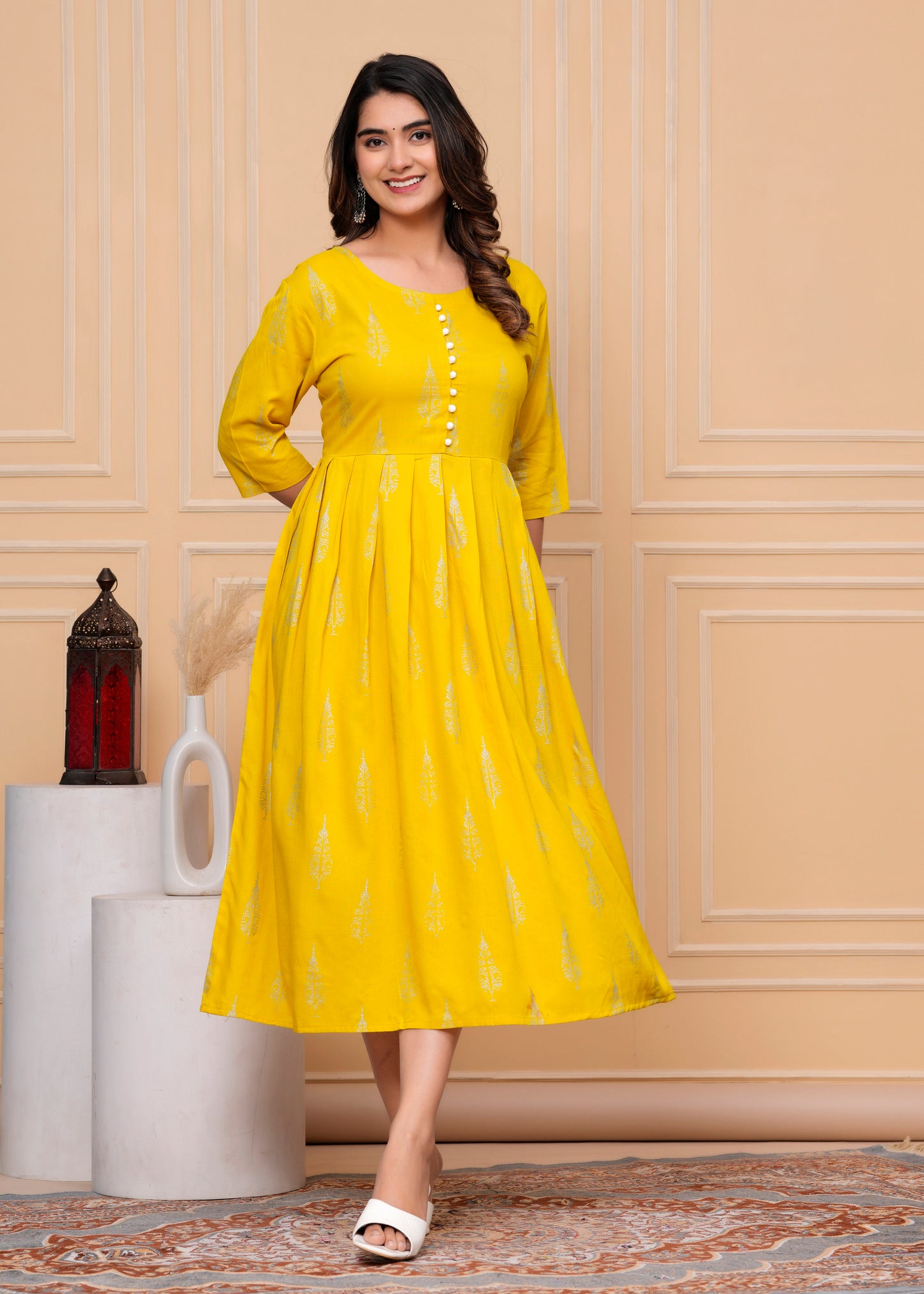 PoshArt Yellow Rayon Single Printed Dress