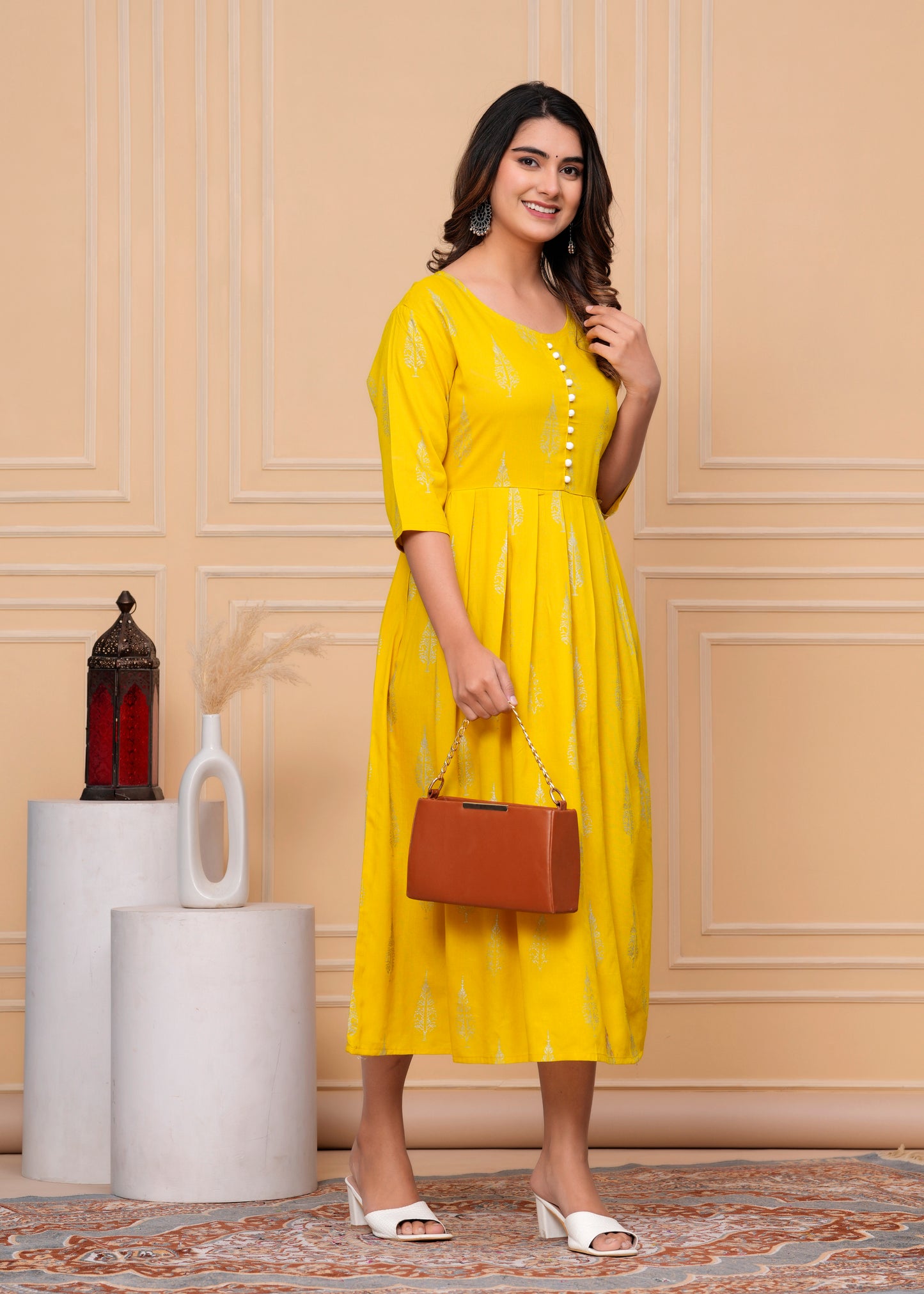 PoshArt Yellow Rayon Single Printed Dress