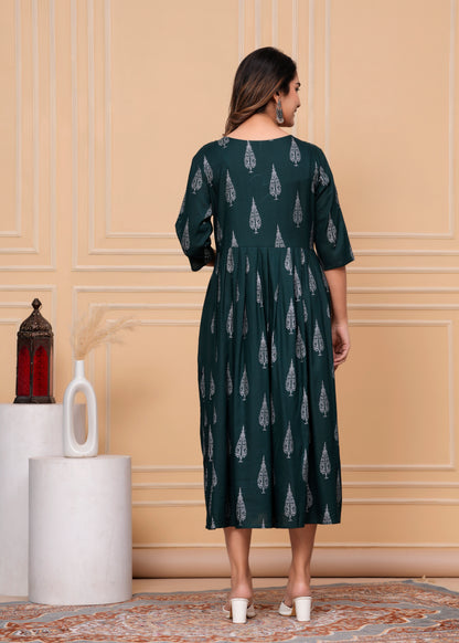 PoshArt Green Rayon Single Printed Dress