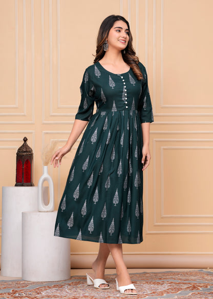 PoshArt Green Rayon Single Printed Dress