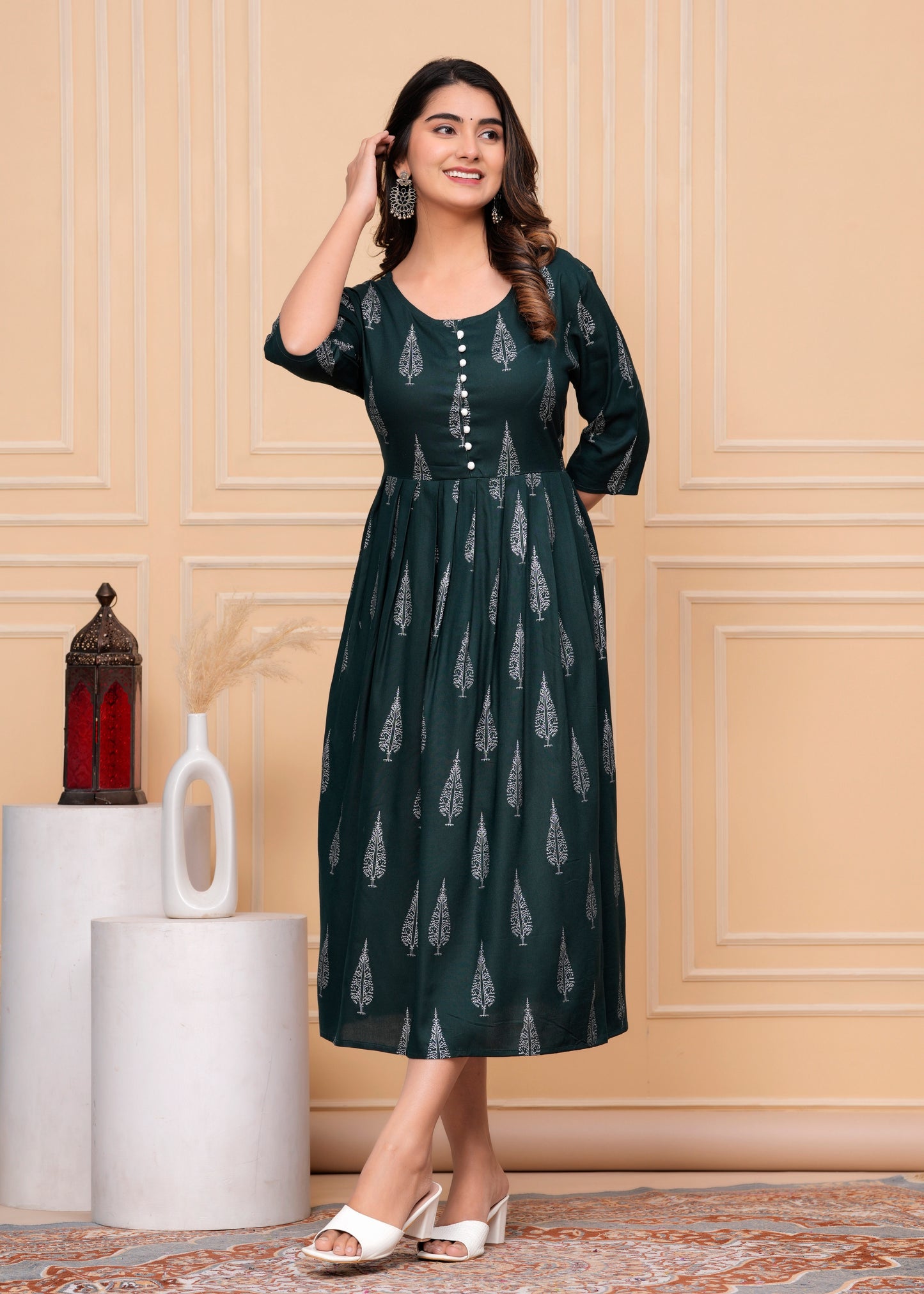 PoshArt Green Rayon Single Printed Dress