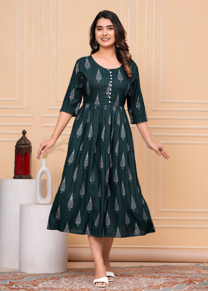 PoshArt Green Rayon Single Printed Dress