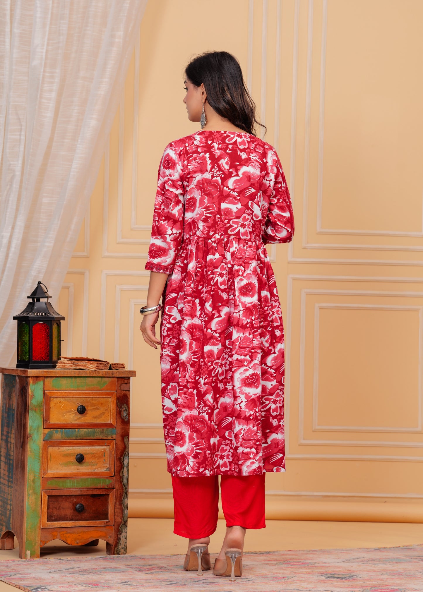 PoshArt Red Kurta And Pant Set