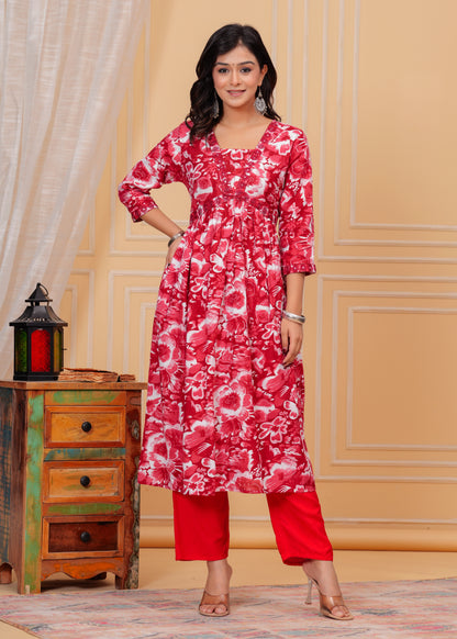 PoshArt Red Kurta And Pant Set