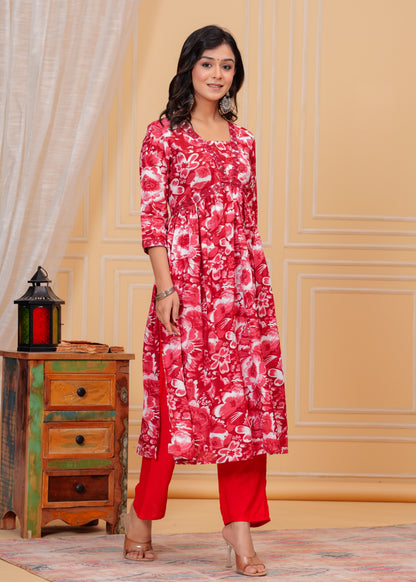 PoshArt Red Kurta And Pant Set