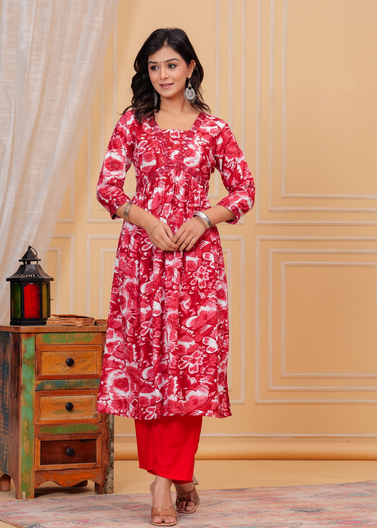 PoshArt Red Kurta And Pant Set