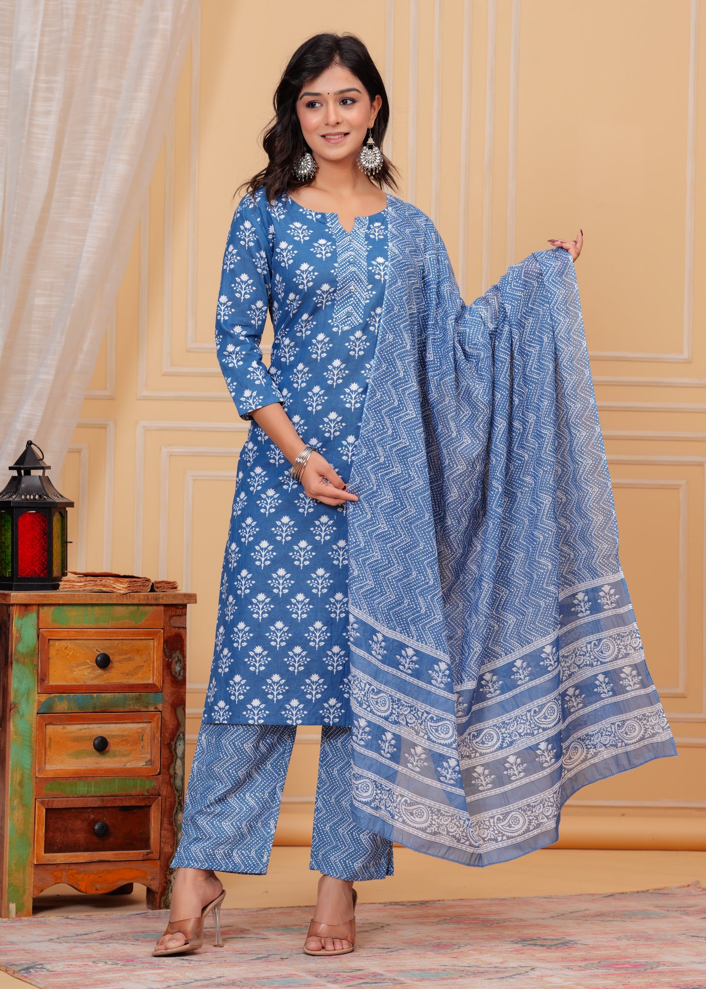 Poshart Cotton Blue  Kurti Pant Duptta Set