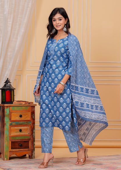 Poshart Cotton Blue  Kurti Pant Duptta Set