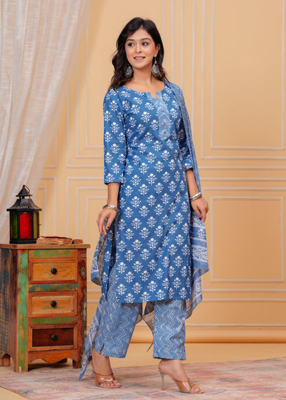 Poshart Cotton Blue  Kurti Pant Duptta Set