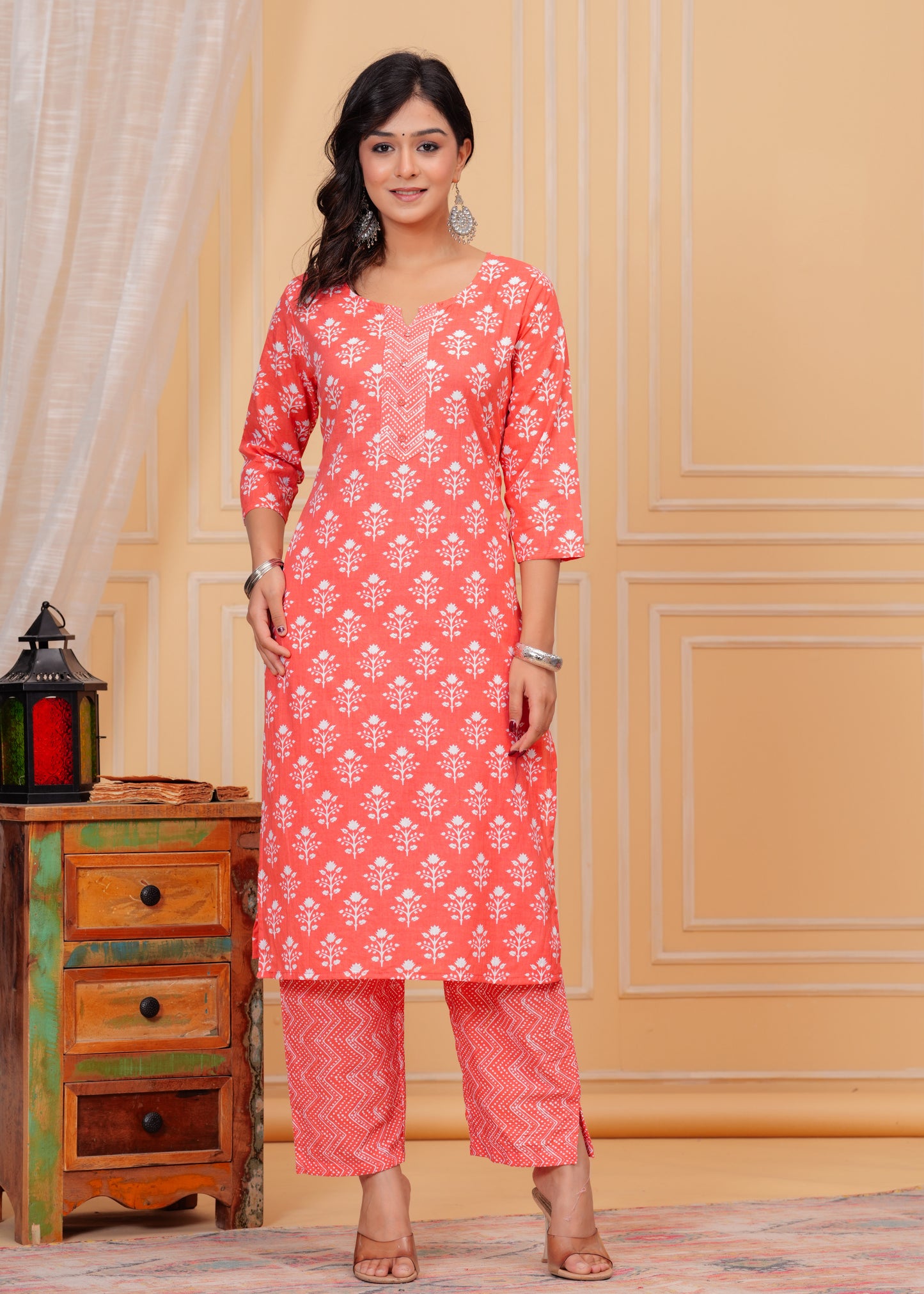 PoshArt Cotton Pink Kurti Pant Dupatta Set