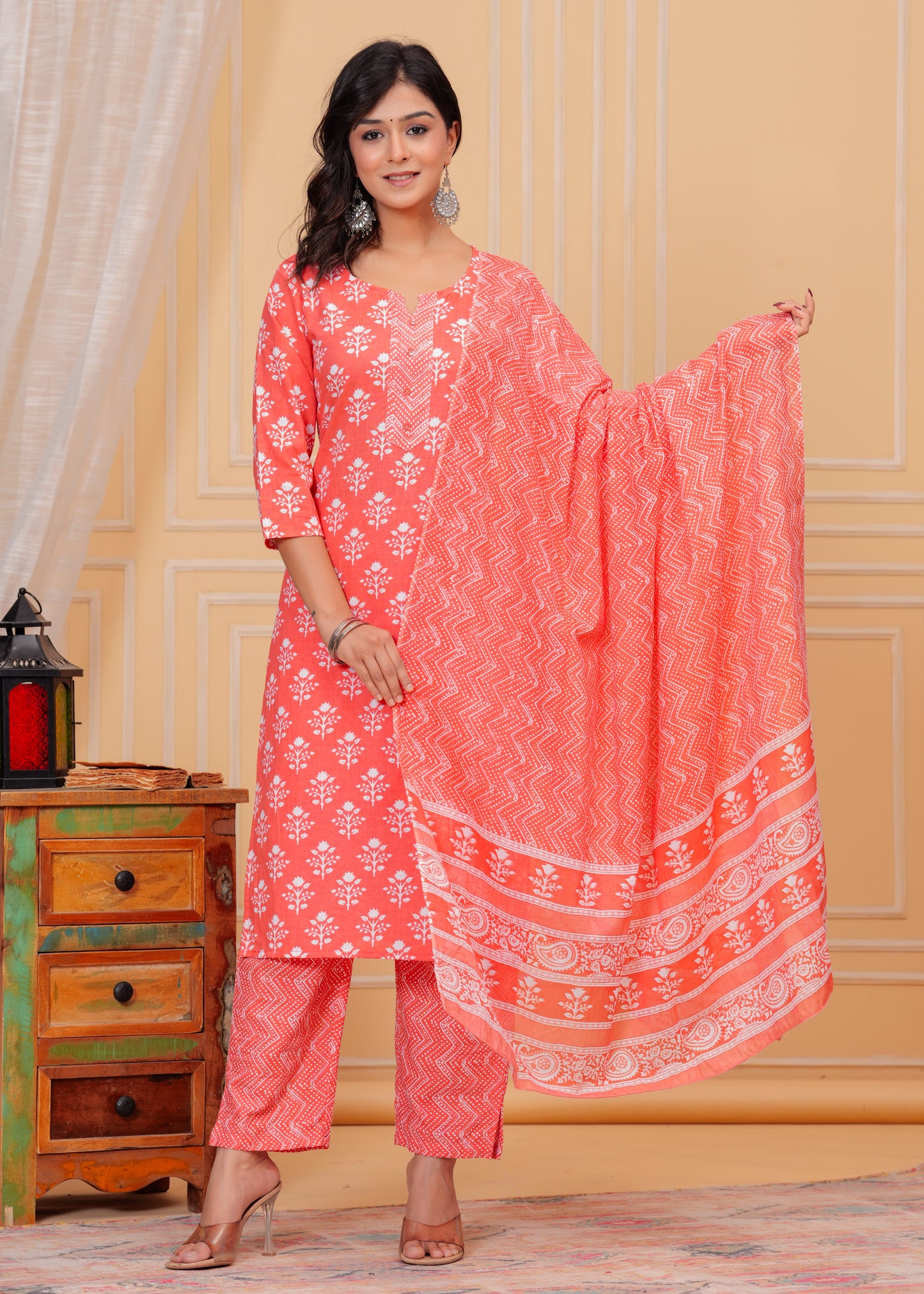 PoshArt Cotton Pink Kurti Pant Dupatta Set