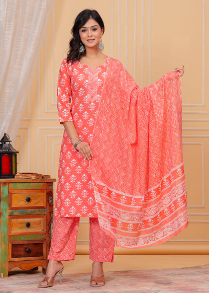 PoshArt Cotton Pink Kurti Pant Dupatta Set