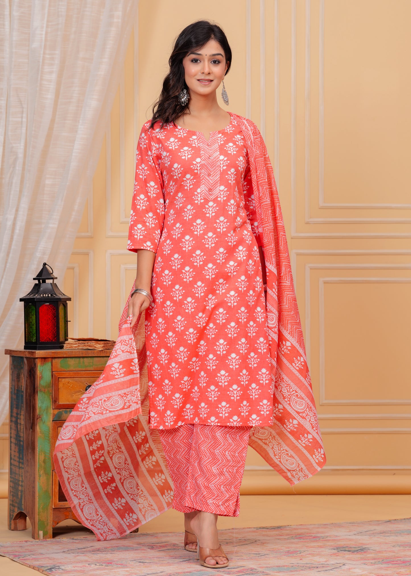 PoshArt Cotton Pink Kurti Pant Dupatta Set