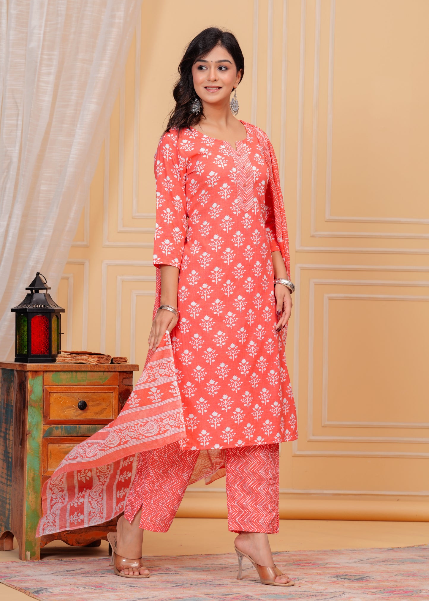 PoshArt Cotton Pink Kurti Pant Dupatta Set