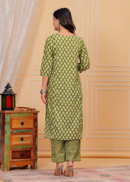 PoshArt Cotton Green Kurti Pant Duptta Set