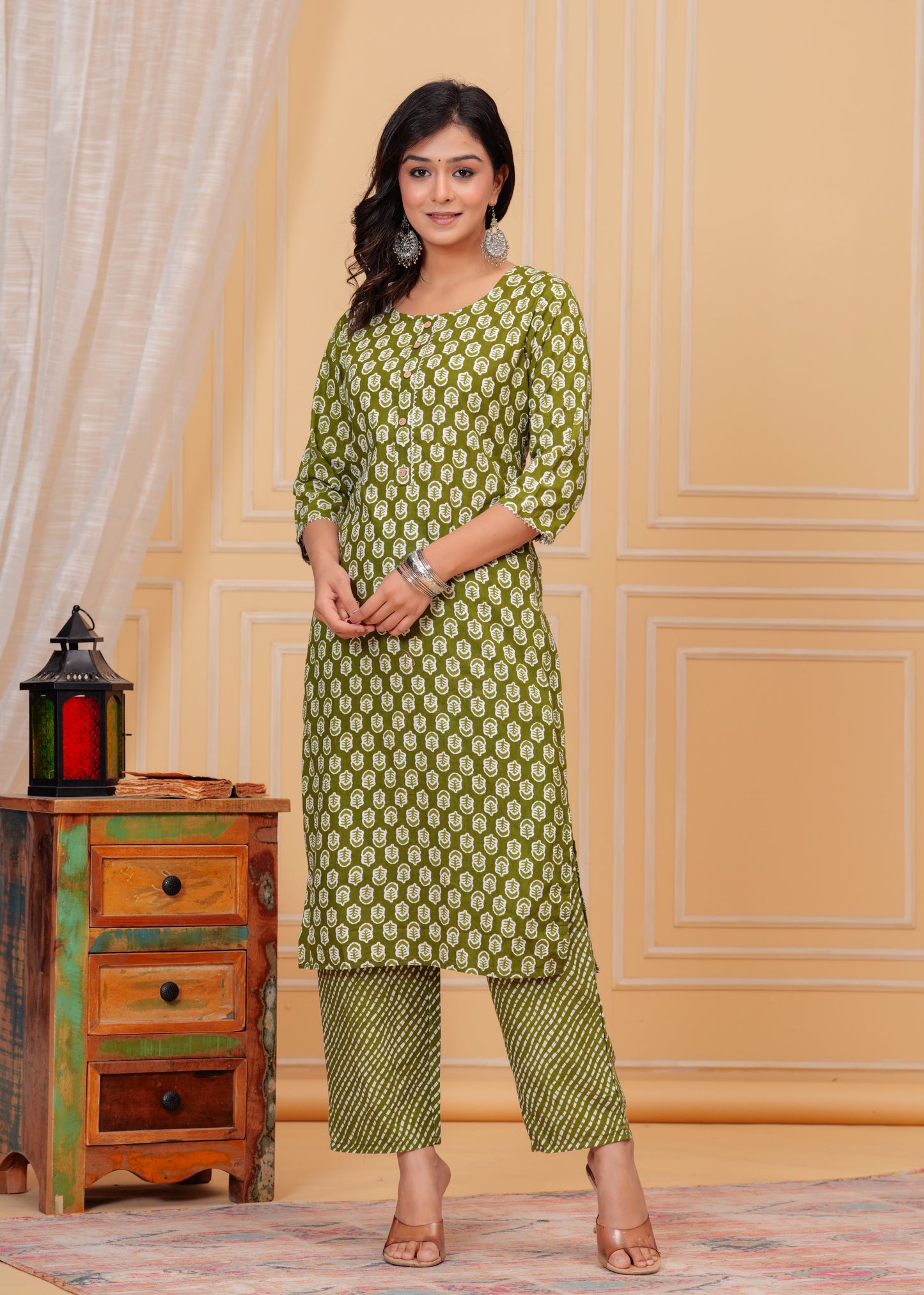 PoshArt Cotton Green Kurti Pant Duptta Set