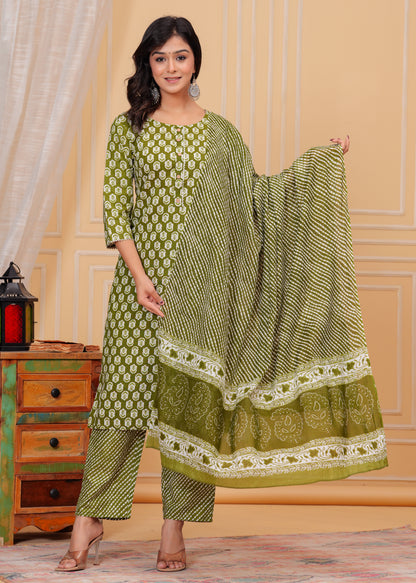 PoshArt Cotton Green Kurti Pant Duptta Set