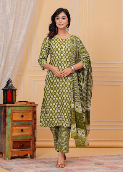 PoshArt Cotton Green Kurti Pant Duptta Set