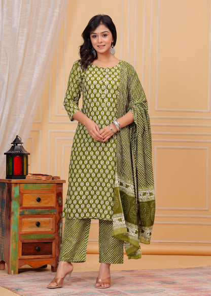 PoshArt Cotton Green Kurti Pant Duptta Set