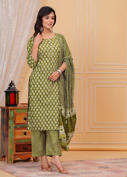 PoshArt Cotton Green Kurti Pant Duptta Set