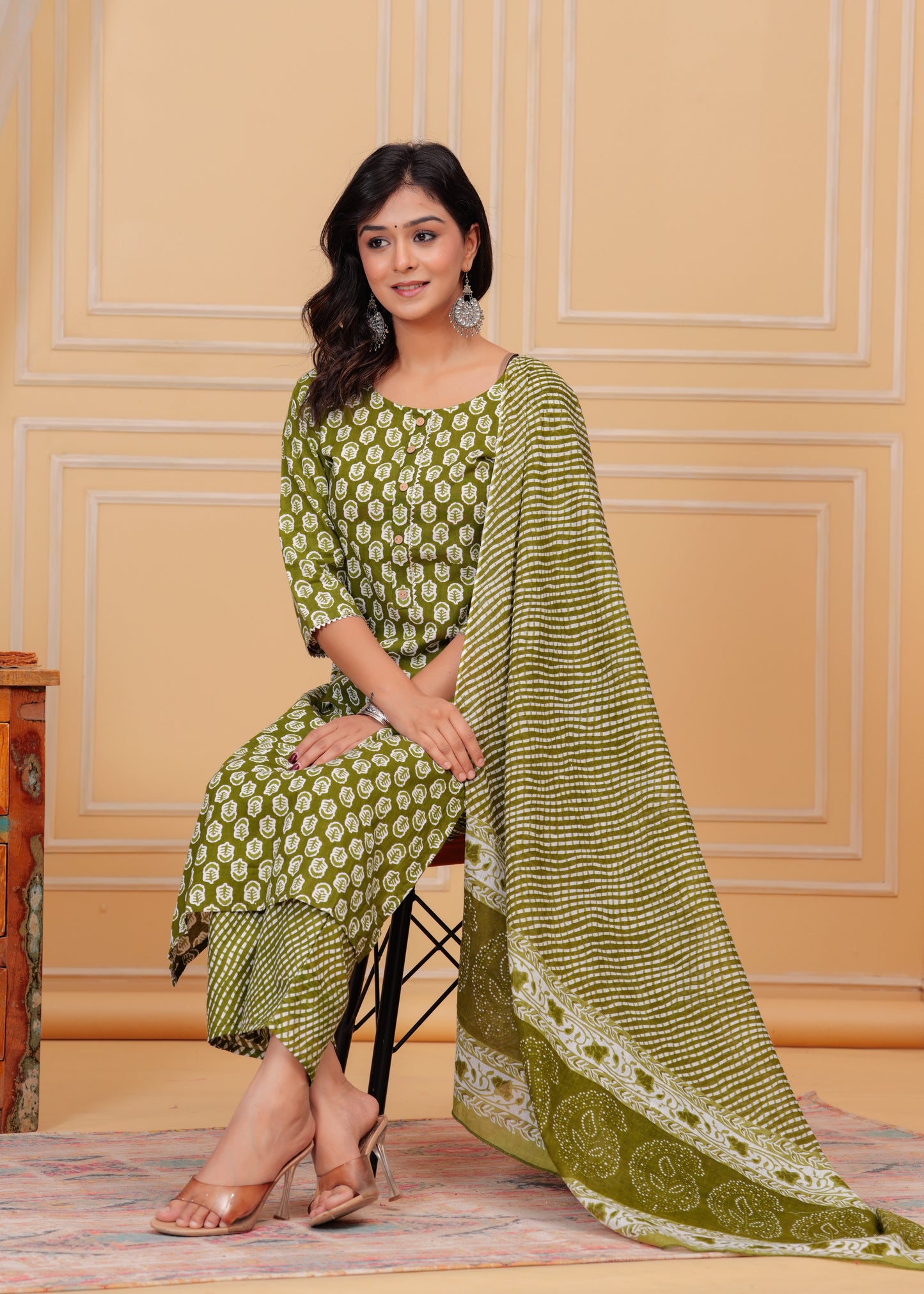 PoshArt Cotton Green Kurti Pant Duptta Set