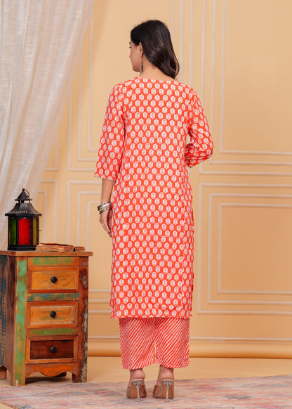 PoshArt Cotton Red Kurti Pant Dupatta Set
