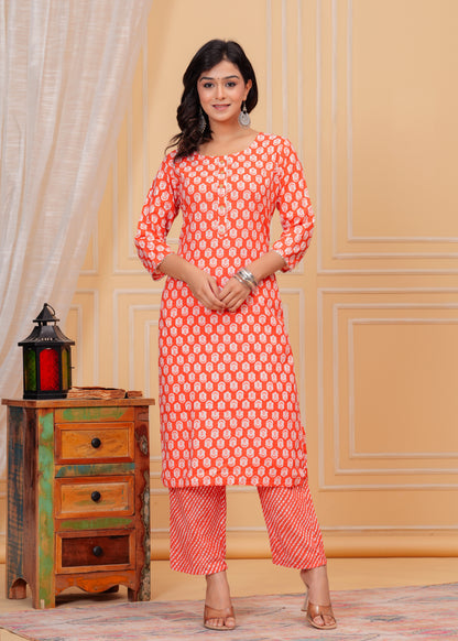 PoshArt Cotton Red Kurti Pant Dupatta Set
