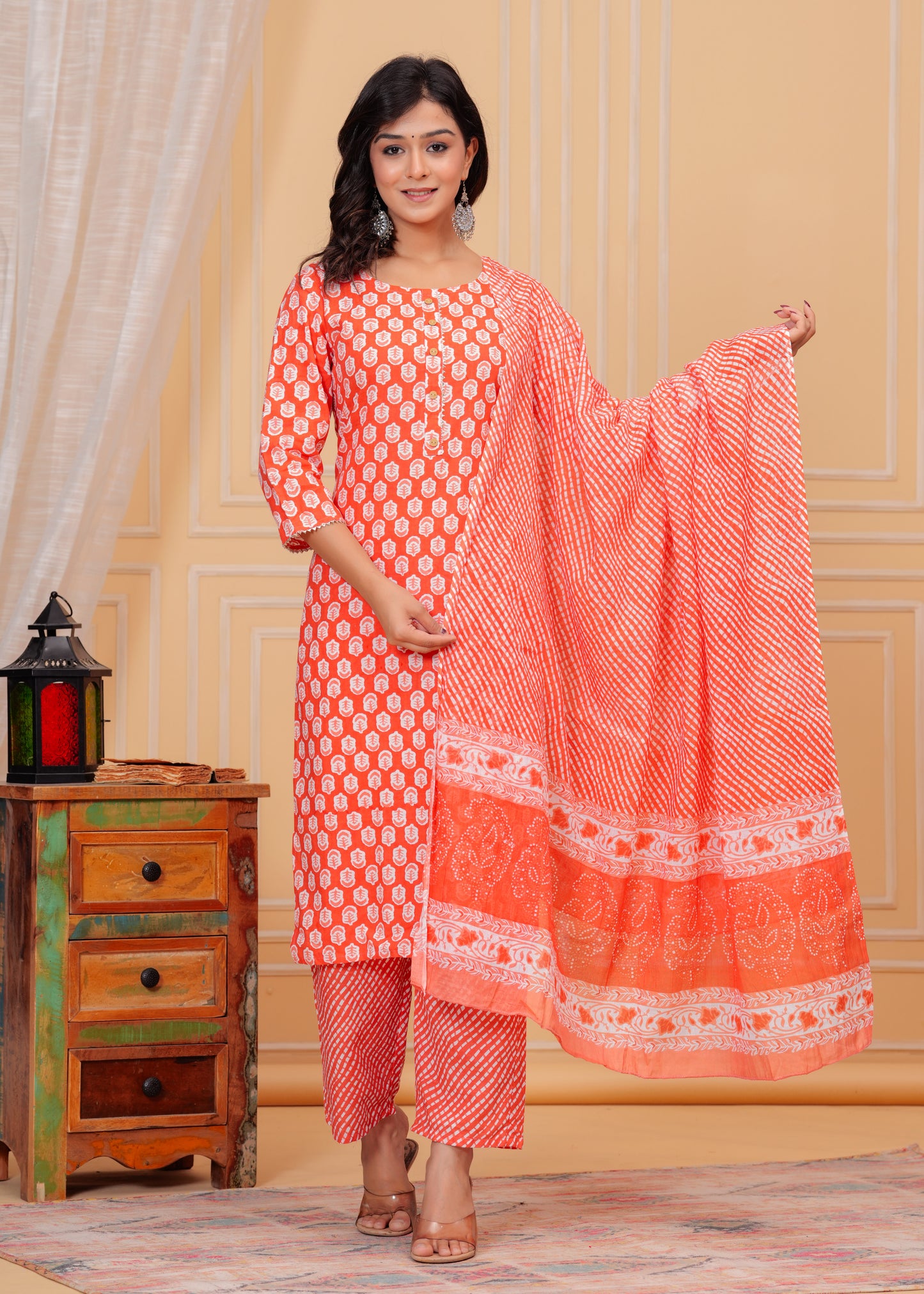 PoshArt Cotton Red Kurti Pant Dupatta Set