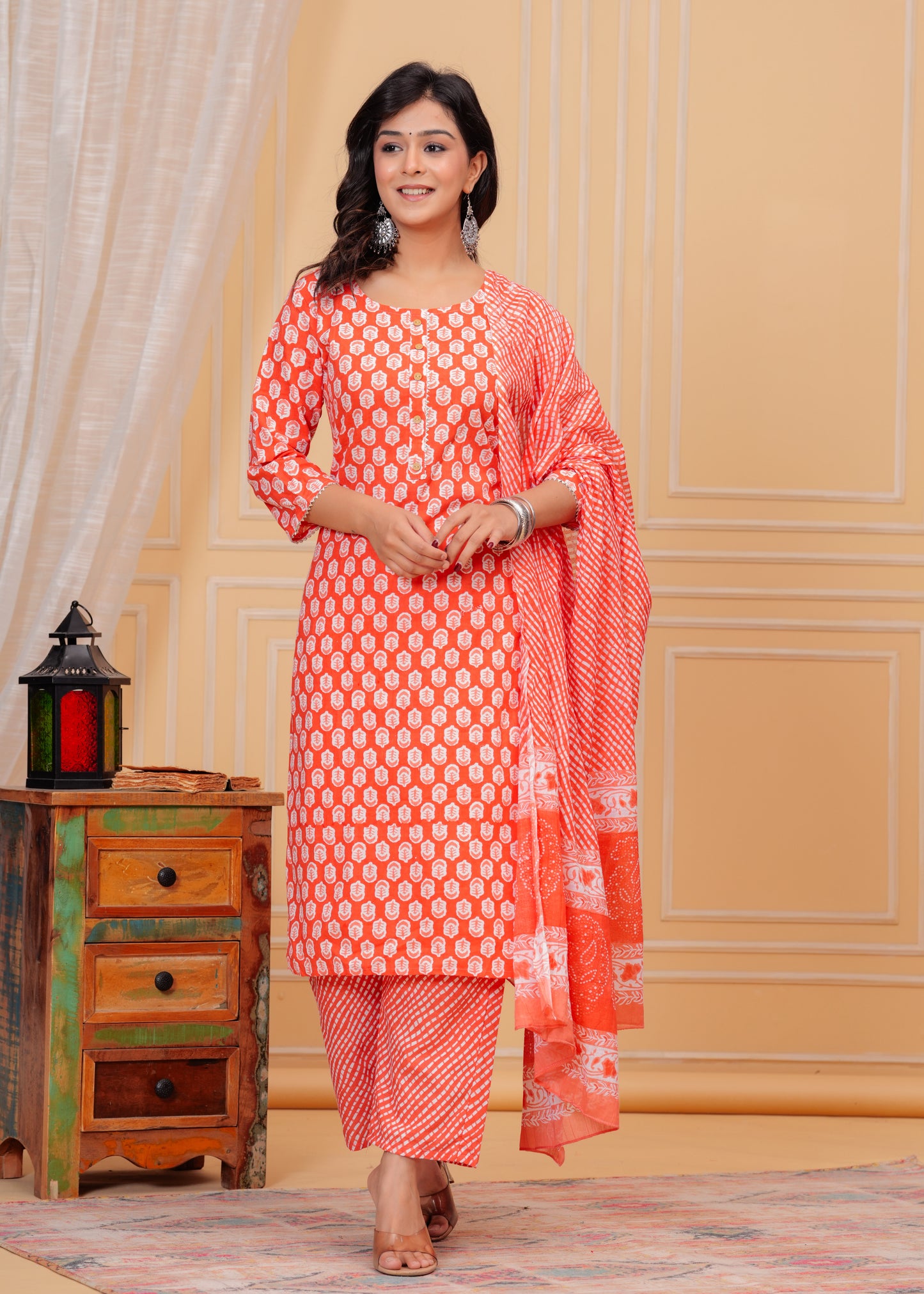 PoshArt Cotton Red Kurti Pant Dupatta Set