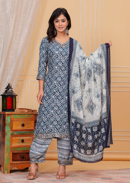 PoshArt Grey Embroidery Kurta Set