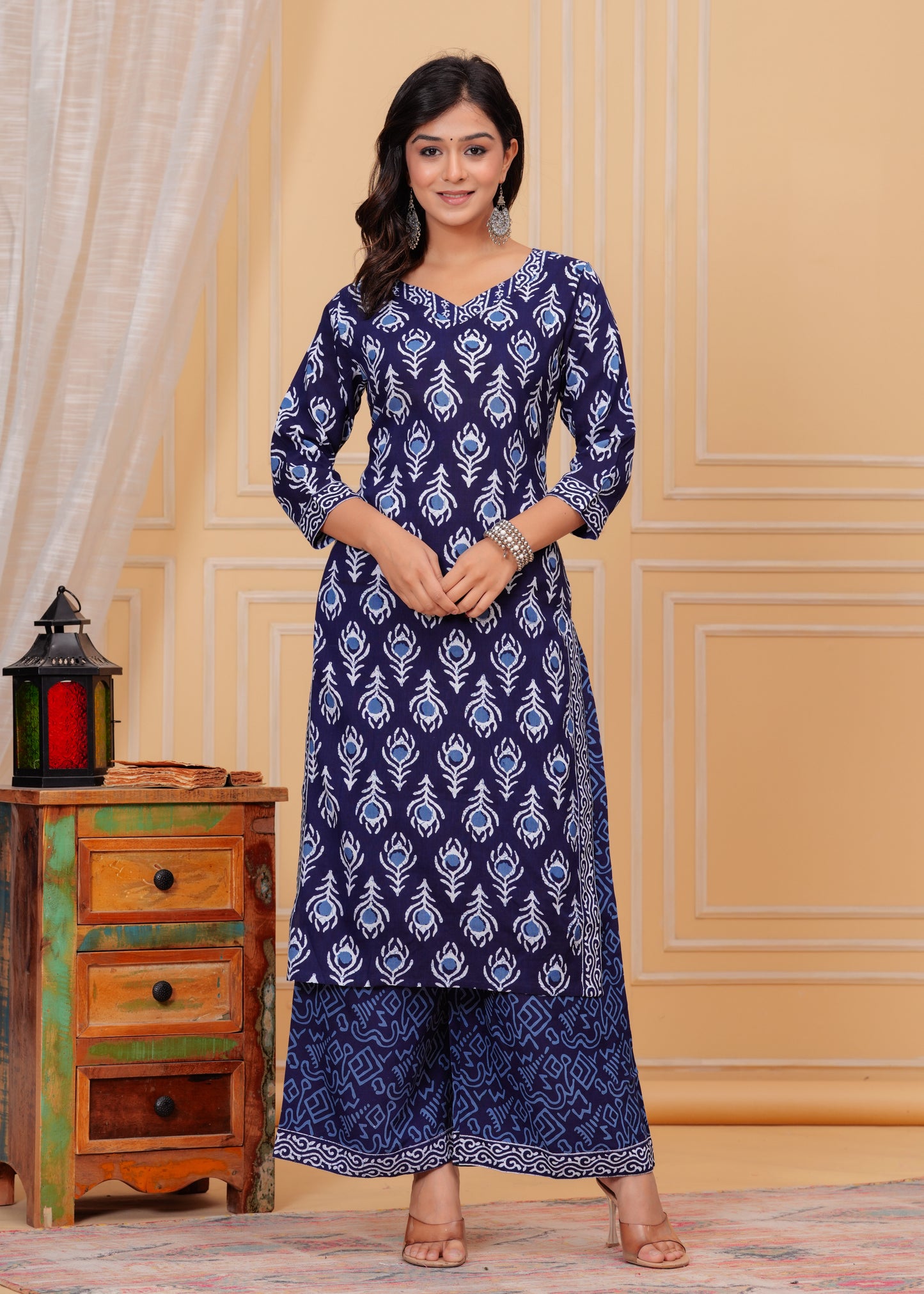 PoshArt Blue Indigo Straight Kurti Pant Set With Duptta