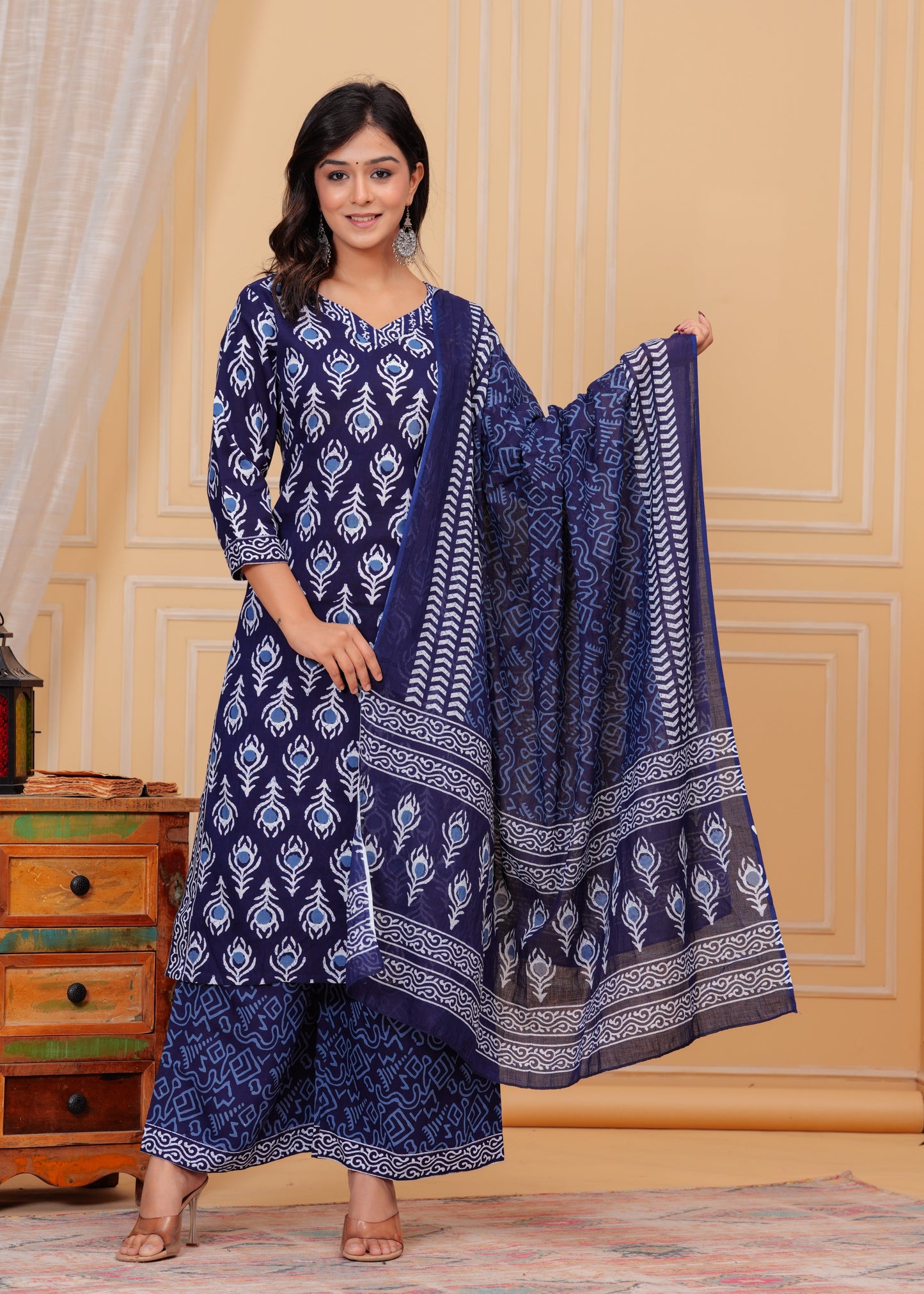 PoshArt Blue Indigo Straight Kurti Pant Set With Duptta